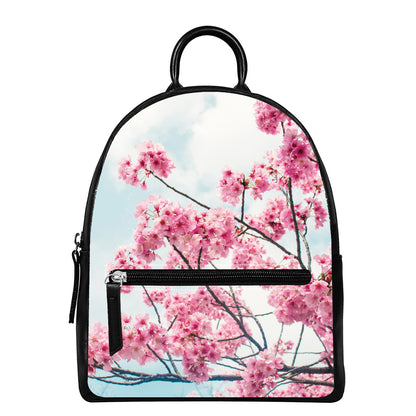 Pink Cherry Blossom Print Leather Backpack