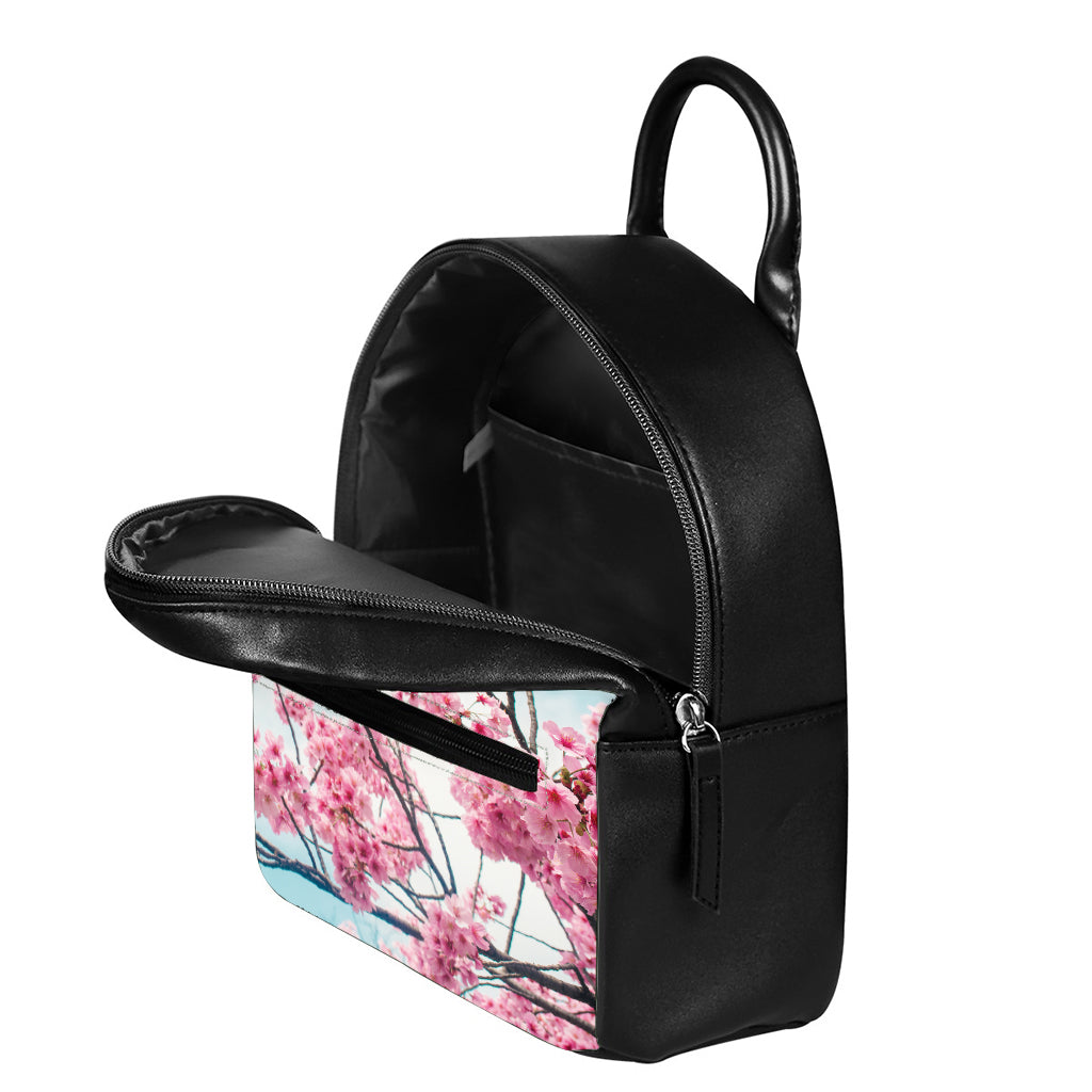 Pink Cherry Blossom Print Leather Backpack