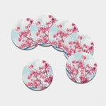 Pink Cherry Blossom Print Leather Coaster Set