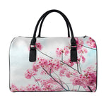 Pink Cherry Blossom Print Leather Duffle Bag
