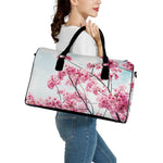 Pink Cherry Blossom Print Leather Duffle Bag