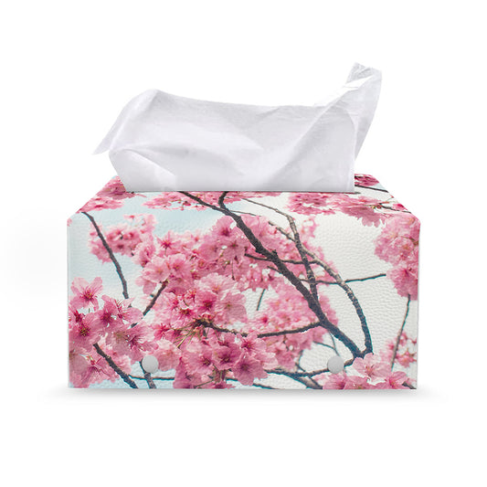 Pink Cherry Blossom Print Leather Tissue Box Cover