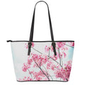 Pink Cherry Blossom Print Leather Tote Bag With Zipper