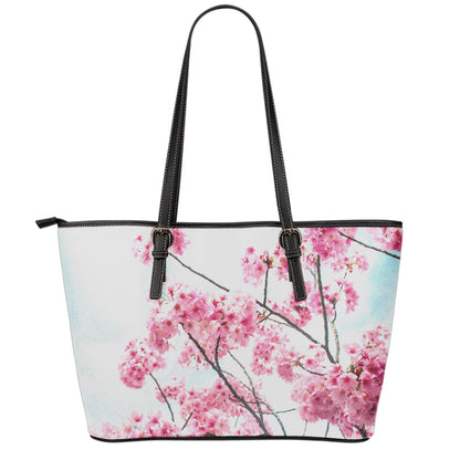 Pink Cherry Blossom Print Leather Tote Bag