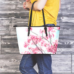 Pink Cherry Blossom Print Leather Tote Bag