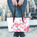 Pink Cherry Blossom Print Leather Tote Bag