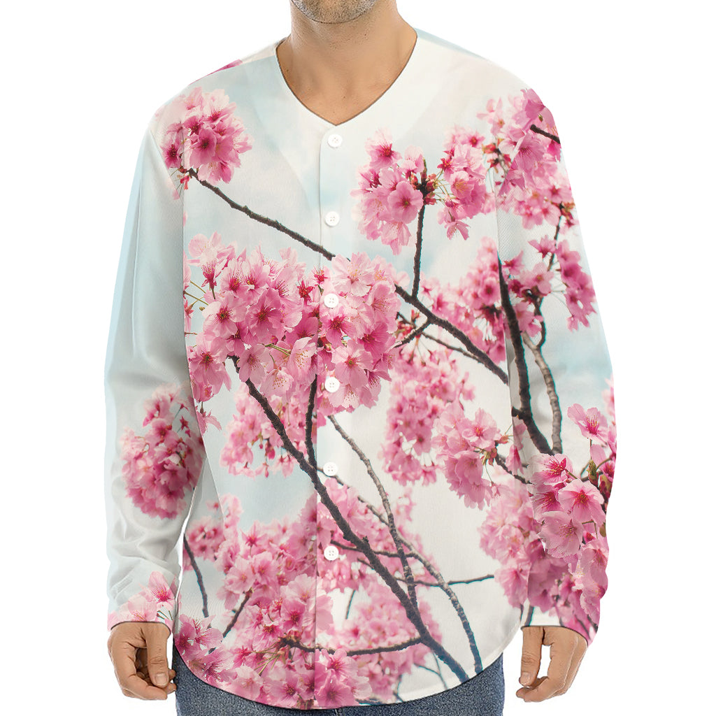 Pink Cherry Blossom Print Long Sleeve Baseball Jersey