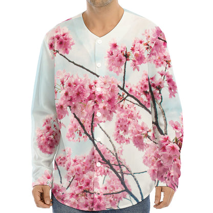 Pink Cherry Blossom Print Long Sleeve Baseball Jersey