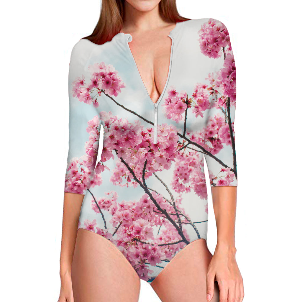 Pink Cherry Blossom Print Long Sleeve Swimsuit