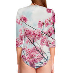 Pink Cherry Blossom Print Long Sleeve Swimsuit