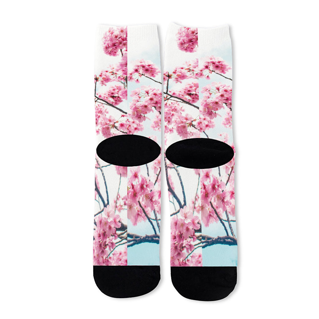 Pink Cherry Blossom Print Long Socks