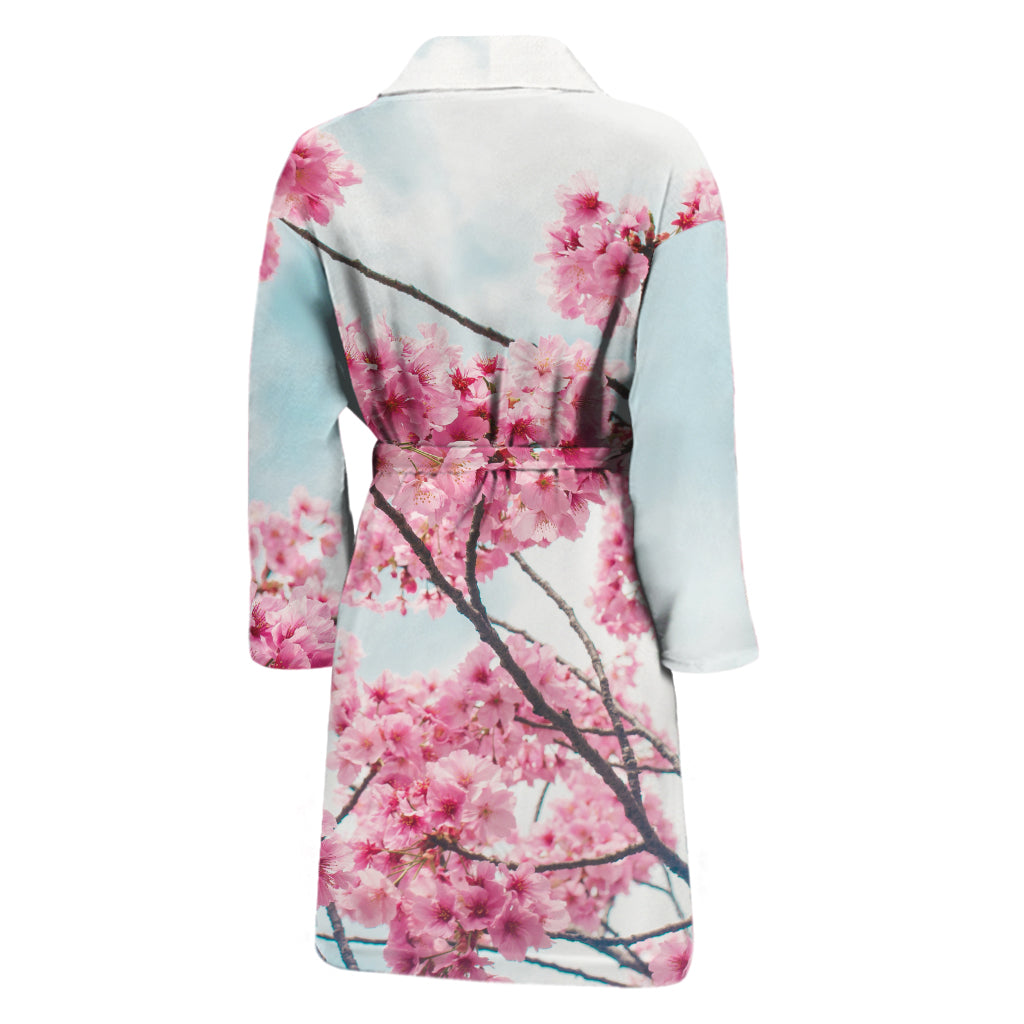 Pink Cherry Blossom Print Men's Bathrobe