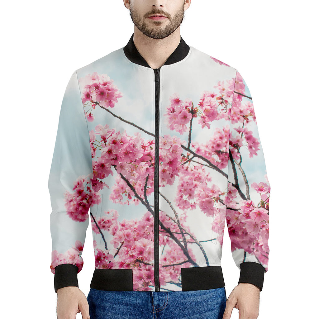 Pink Cherry Blossom Print Men's Bomber Jacket