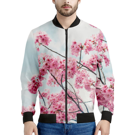 Pink Cherry Blossom Print Men's Bomber Jacket