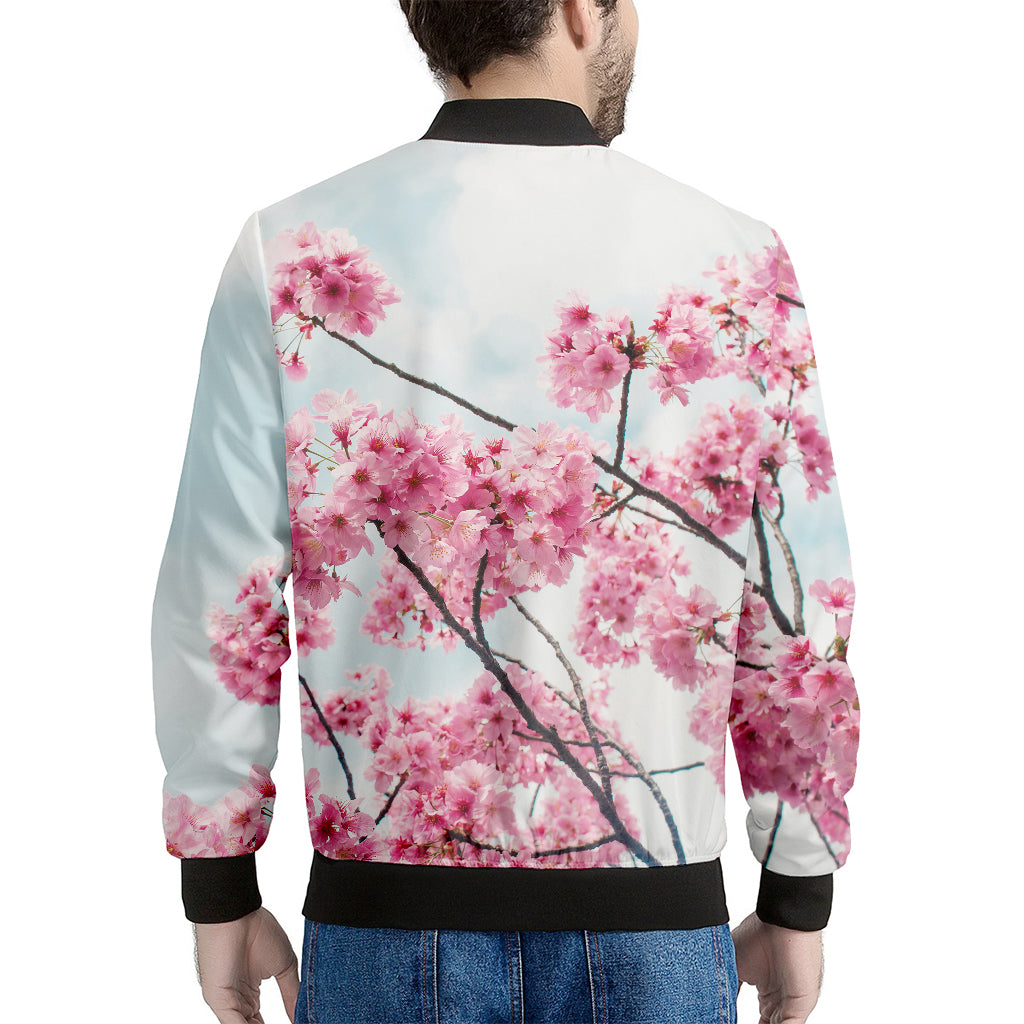 Pink Cherry Blossom Print Men's Bomber Jacket