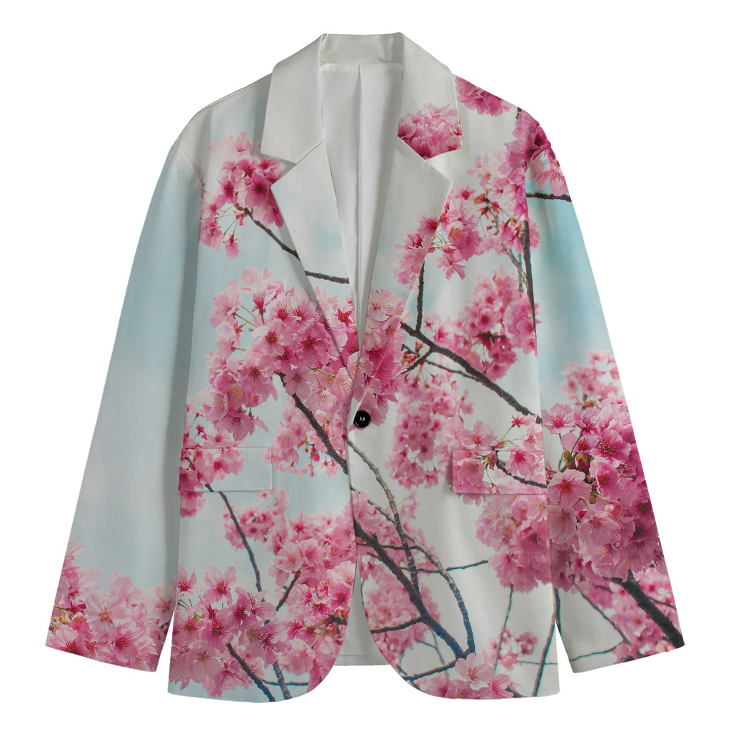 Pink Cherry Blossom Print Men's Cotton Blazer