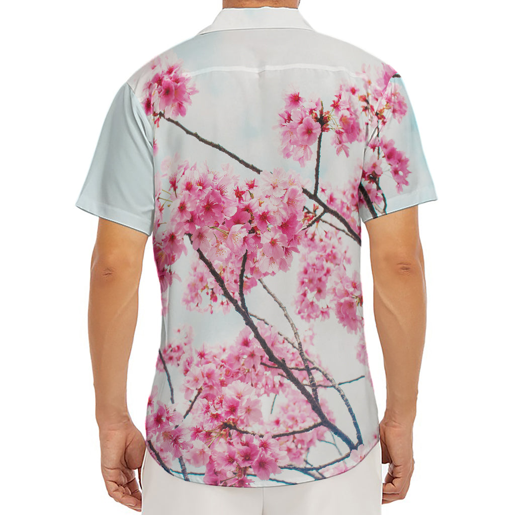 Pink Cherry Blossom Print Men's Deep V-Neck Shirt