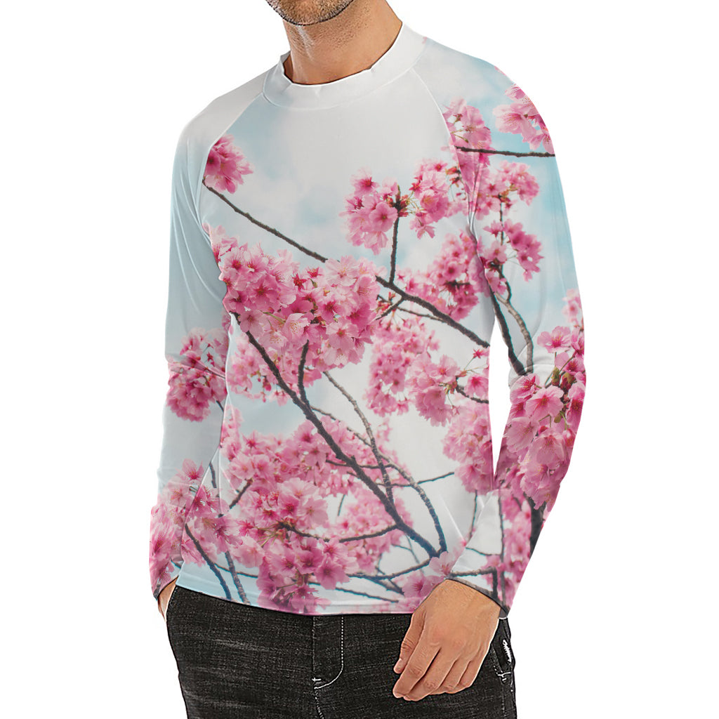 Pink Cherry Blossom Print Men's Long Sleeve Rash Guard