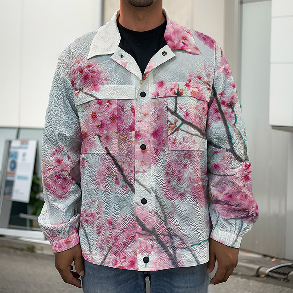 Pink Cherry Blossom Print Men's Shirt Jacket
