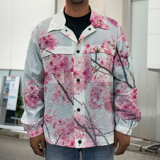 Pink Cherry Blossom Print Men's Shirt Jacket