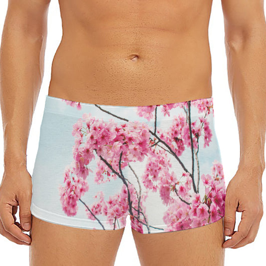 Pink Cherry Blossom Print Men's Short Boxer Briefs