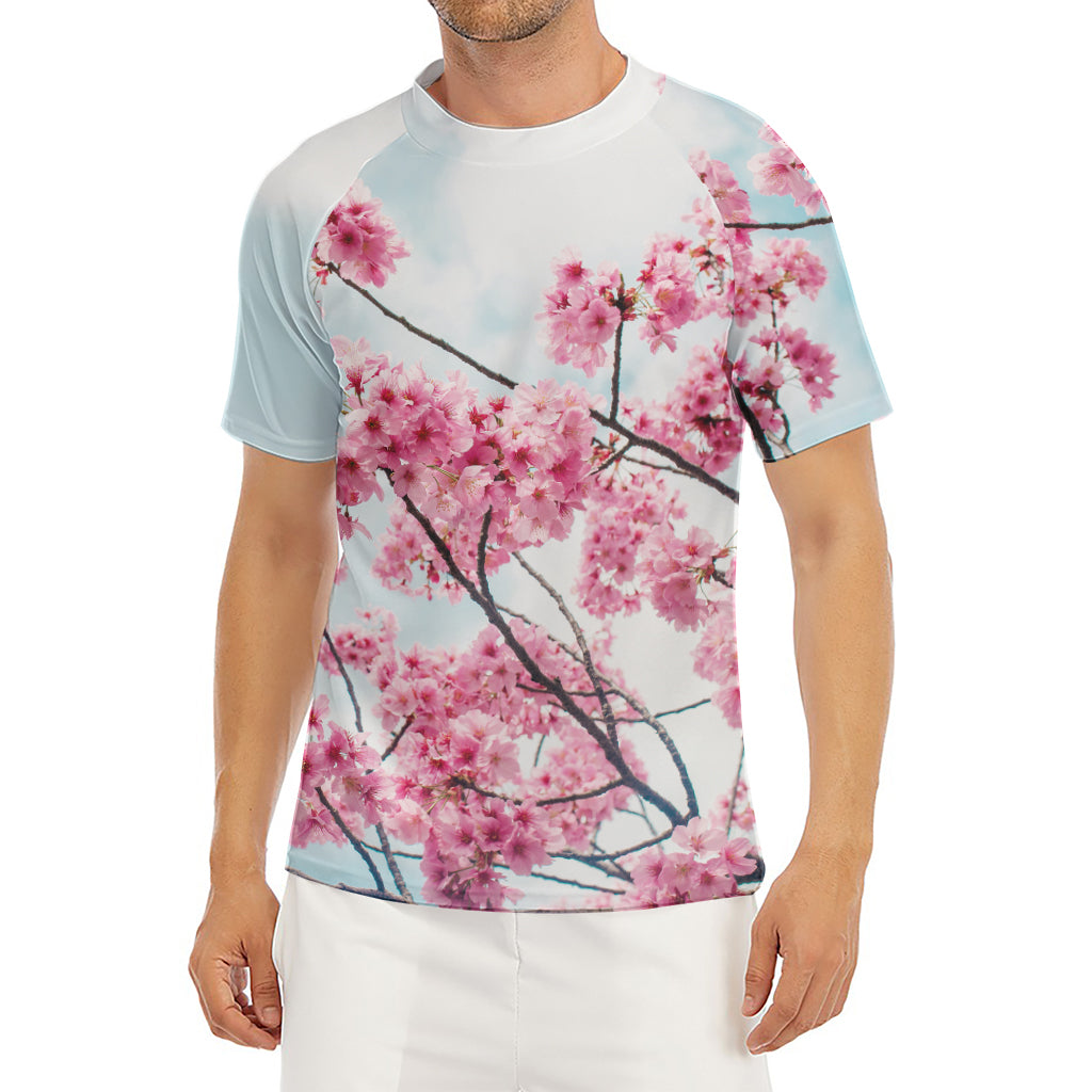Pink Cherry Blossom Print Men's Short Sleeve Rash Guard