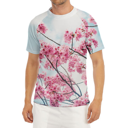 Pink Cherry Blossom Print Men's Short Sleeve Rash Guard