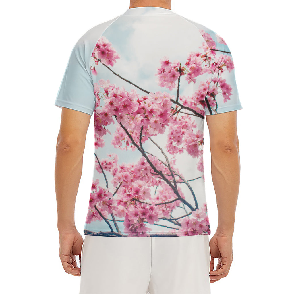Pink Cherry Blossom Print Men's Short Sleeve Rash Guard