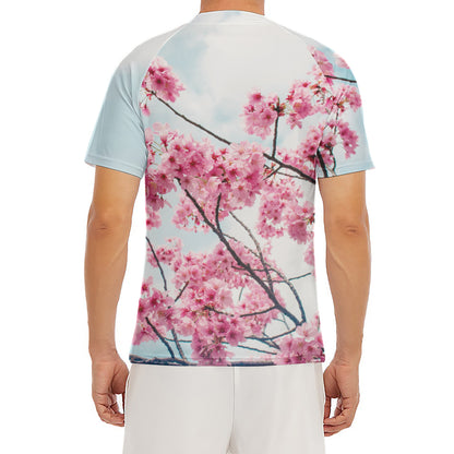 Pink Cherry Blossom Print Men's Short Sleeve Rash Guard