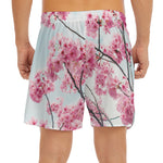 Pink Cherry Blossom Print Men's Split Running Shorts