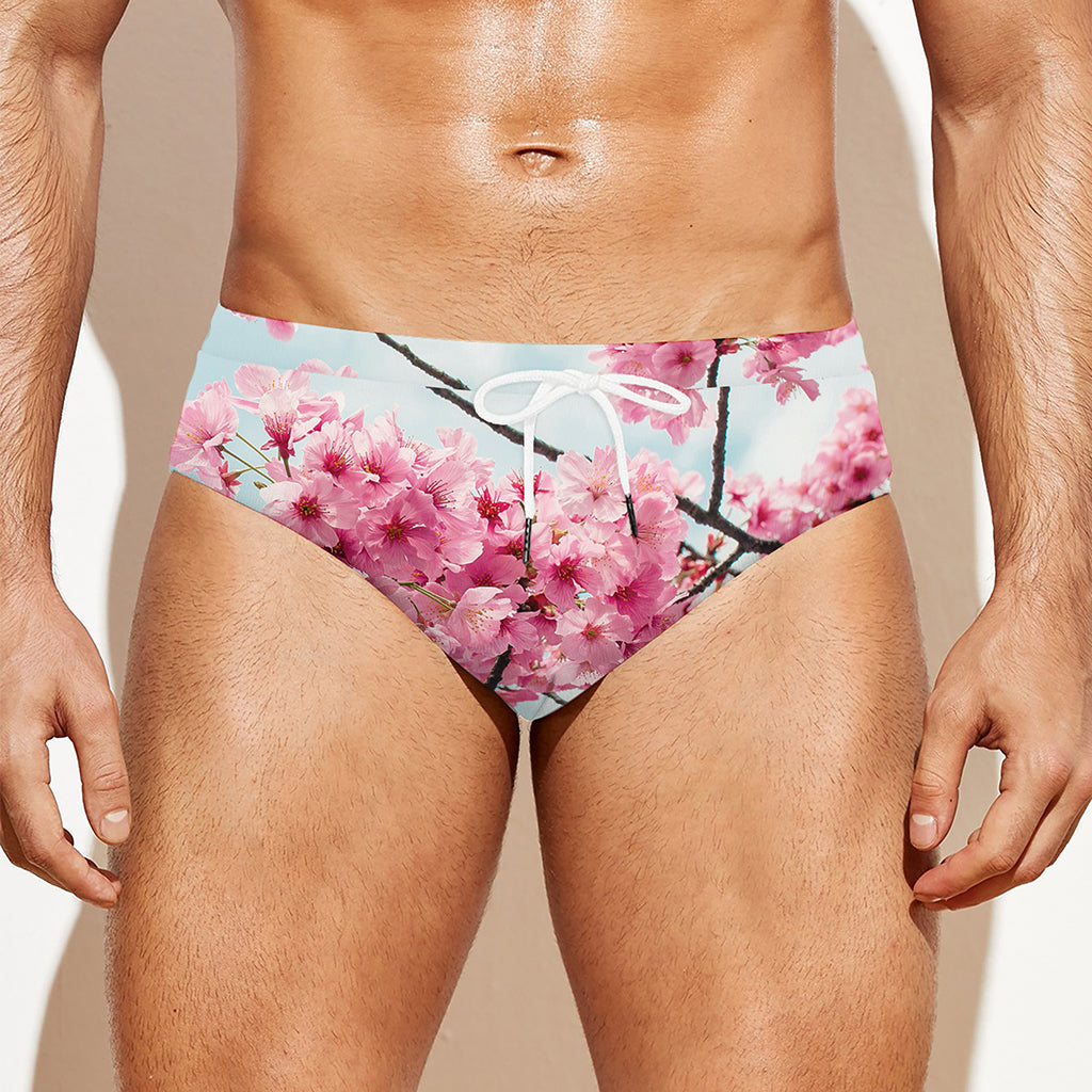 Pink Cherry Blossom Print Men's Swim Briefs