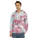 Pink Cherry Blossom Print Men's Velvet Pullover Hoodie