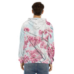 Pink Cherry Blossom Print Men's Velvet Pullover Hoodie