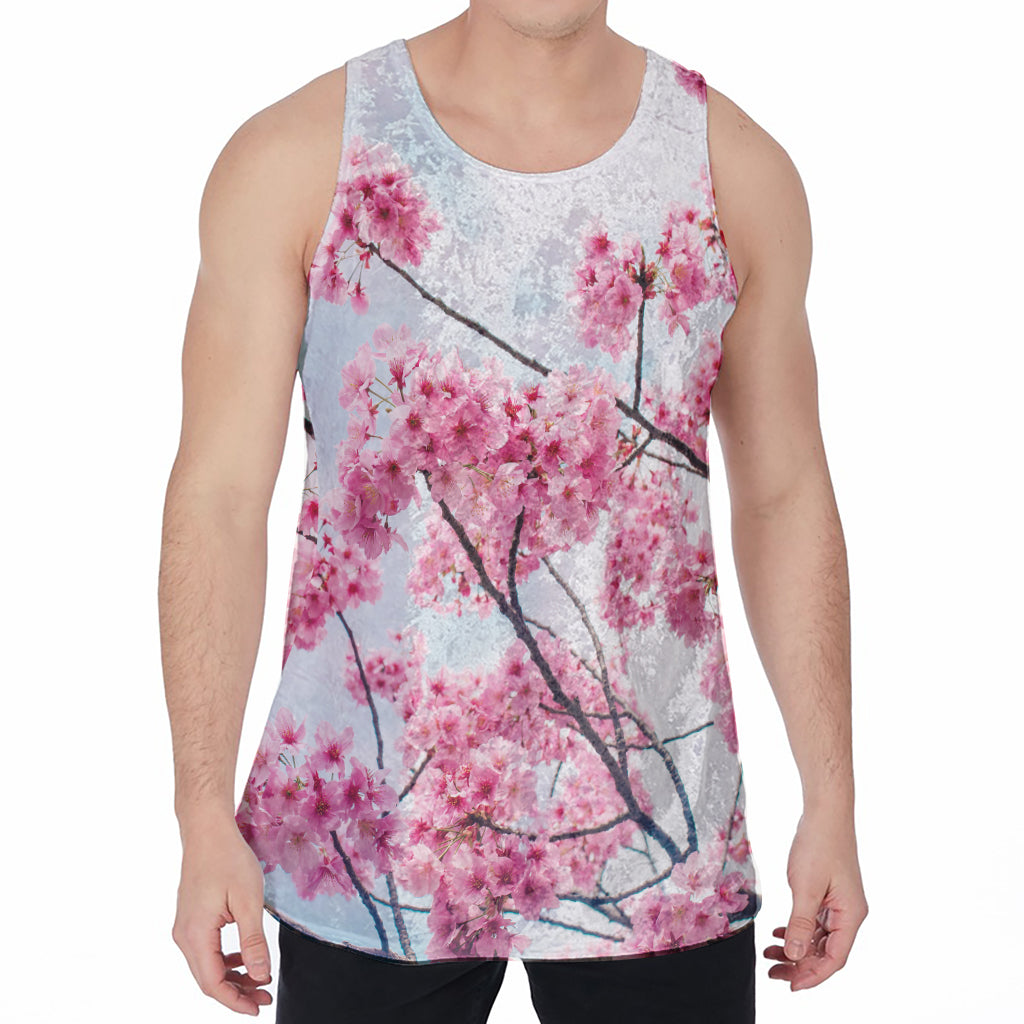 Pink Cherry Blossom Print Men's Velvet Tank Top