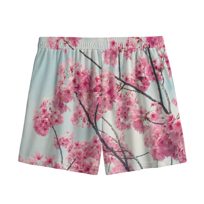 Pink Cherry Blossom Print Mesh Shorts