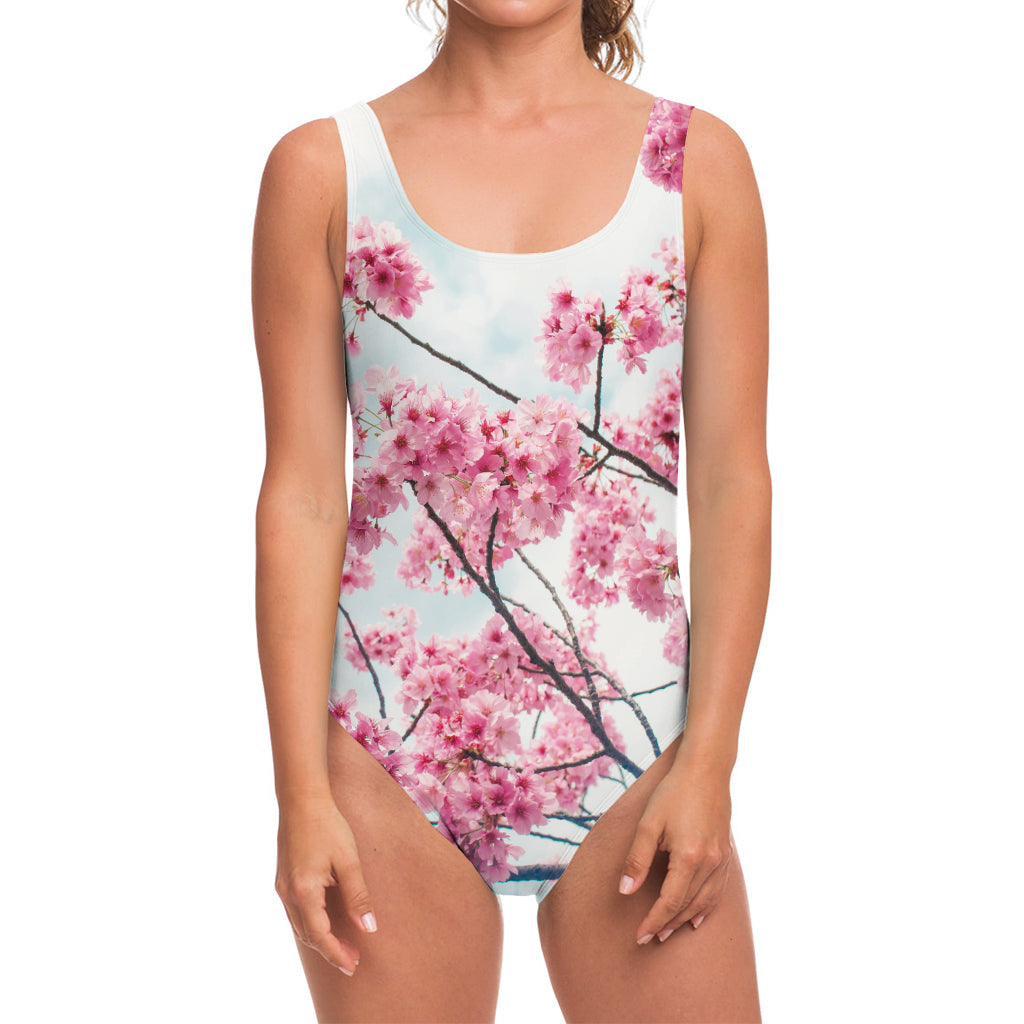 Pink Cherry Blossom Print One Piece Swimsuit