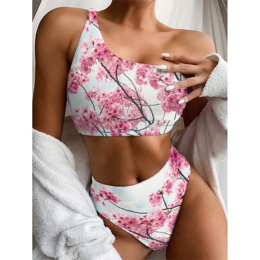 Pink Cherry Blossom Print One Shoulder Bikini Top