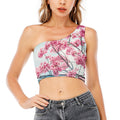 Pink Cherry Blossom Print One Shoulder Crop Top
