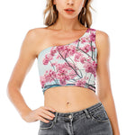 Pink Cherry Blossom Print One Shoulder Crop Top