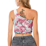 Pink Cherry Blossom Print One Shoulder Crop Top