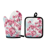 Pink Cherry Blossom Print Oven Mitt And Pot Holder Set