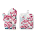 Pink Cherry Blossom Print Oven Mitt And Pot Holder Set