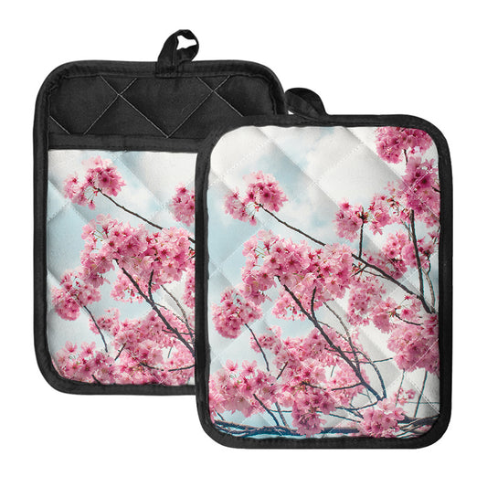 Pink Cherry Blossom Print Pot Holders With Pocket