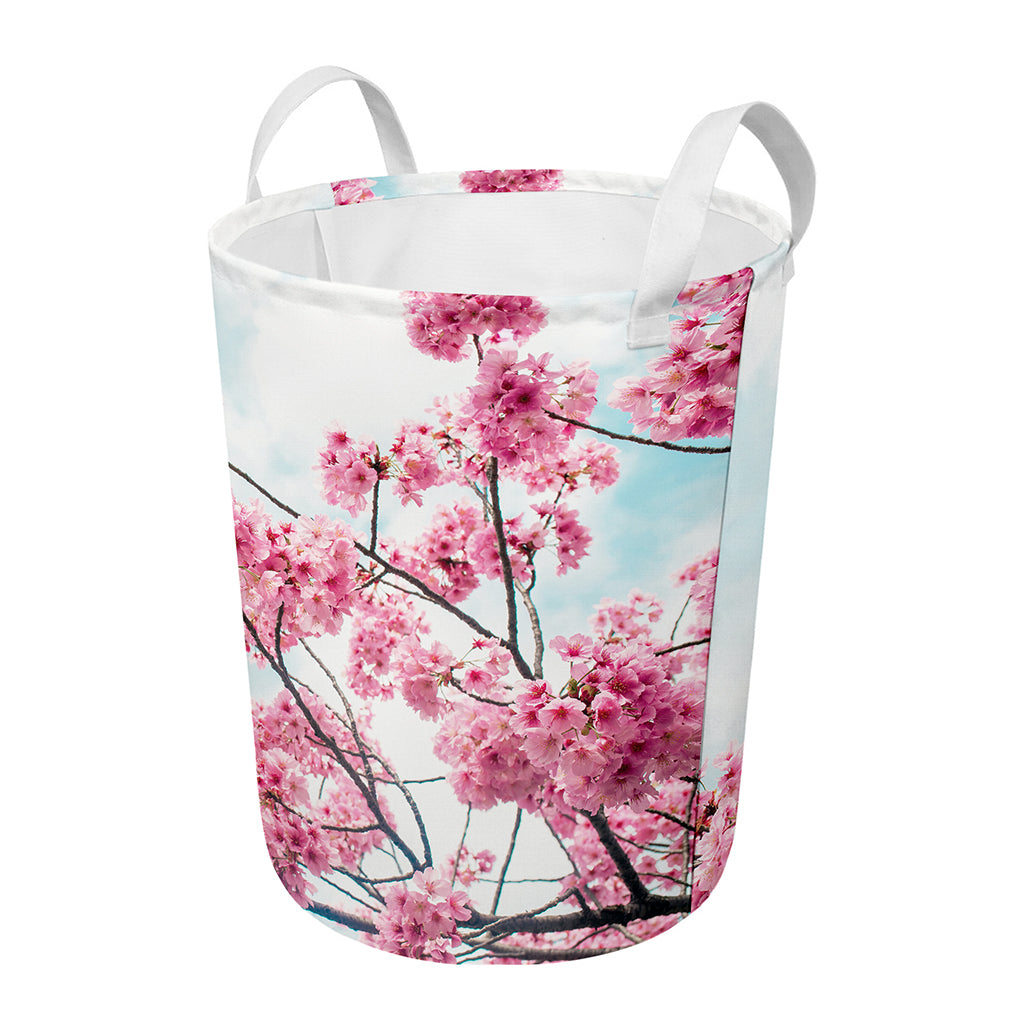 Pink Cherry Blossom Print Round Laundry Basket