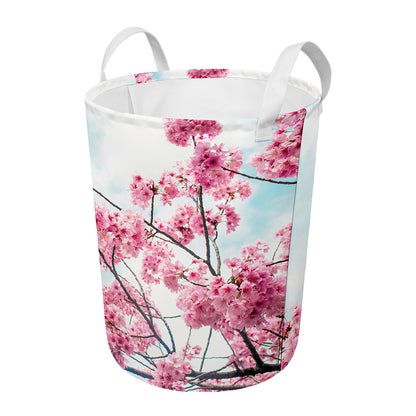 Pink Cherry Blossom Print Round Laundry Basket