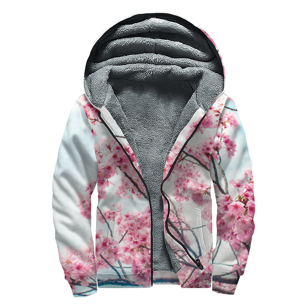 Pink Cherry Blossom Print Sherpa Lined Zip Up Hoodie