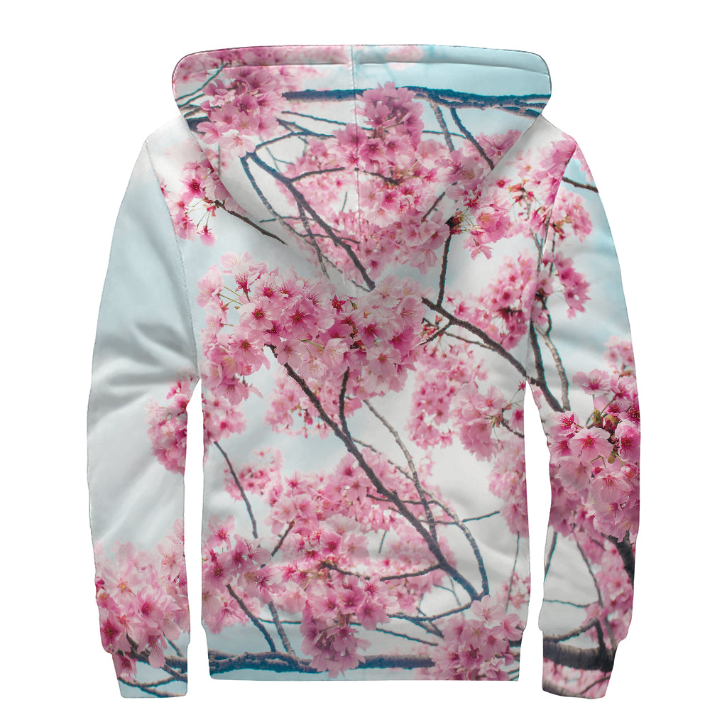 Pink Cherry Blossom Print Sherpa Lined Zip Up Hoodie