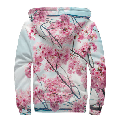 Pink Cherry Blossom Print Sherpa Lined Zip Up Hoodie