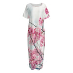 Pink Cherry Blossom Print Short Sleeve Long Nightdress