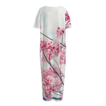 Pink Cherry Blossom Print Short Sleeve Long Nightdress